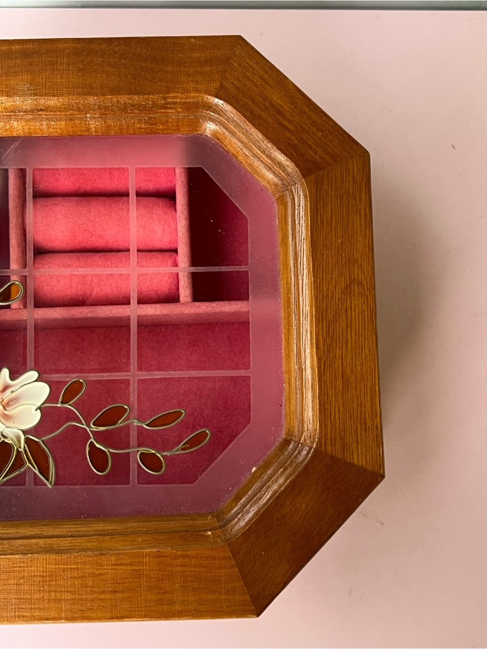 Vintage Mele Octagonal Wooden Jewelry Box Stained Glass Floral Top 1980s - Picture 7 of 10